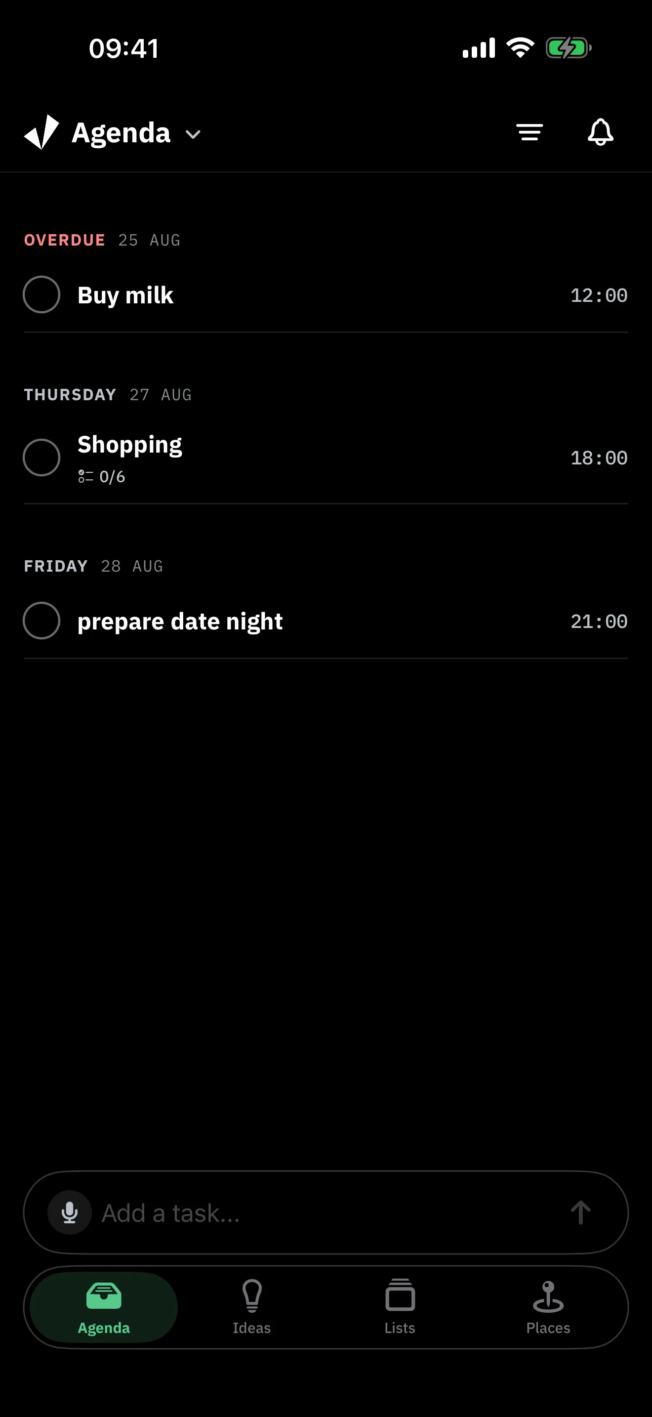 Jone agenda grouped by day with due times and an overdue task on top