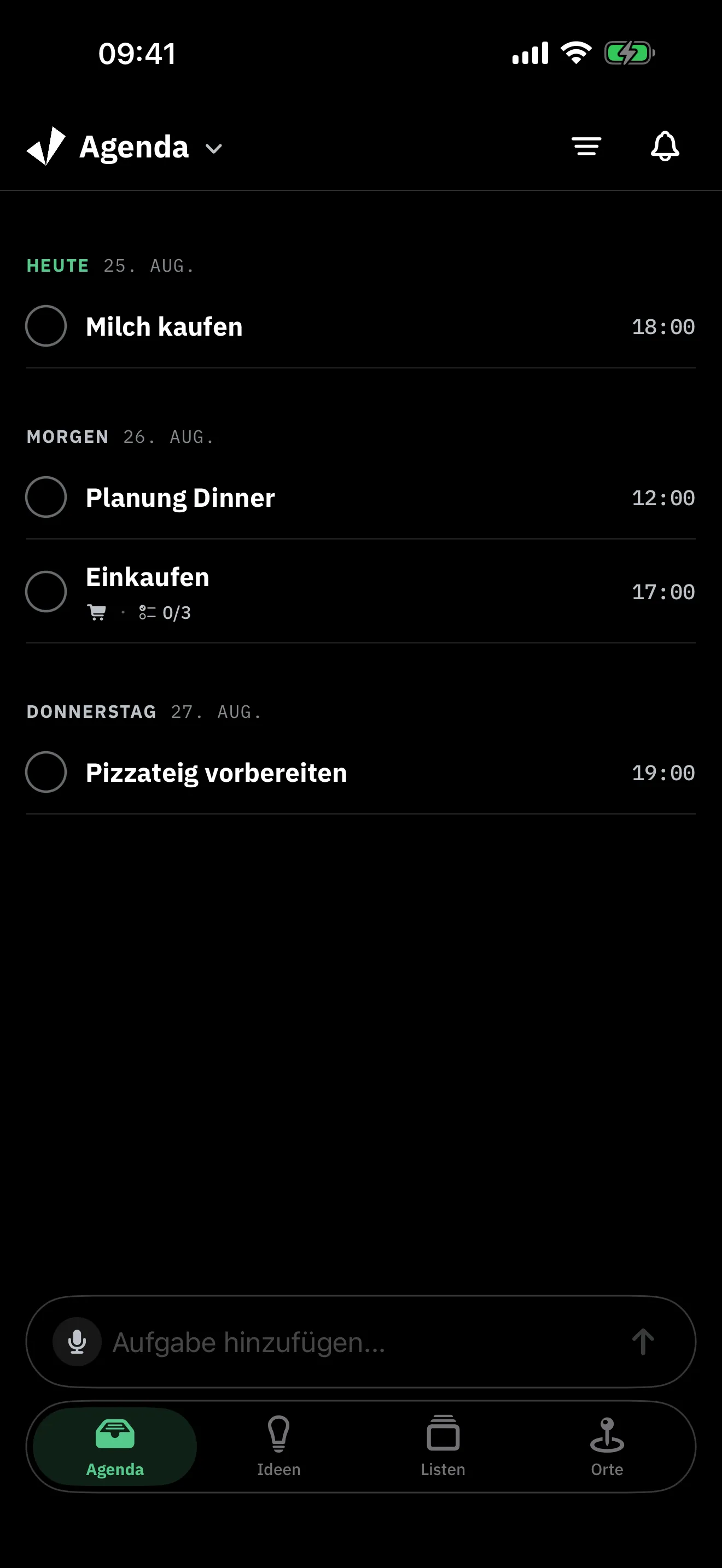 Jone-Agenda nach Tagen gruppiert, mit Uhrzeiten und einer überfälligen Aufgabe oben