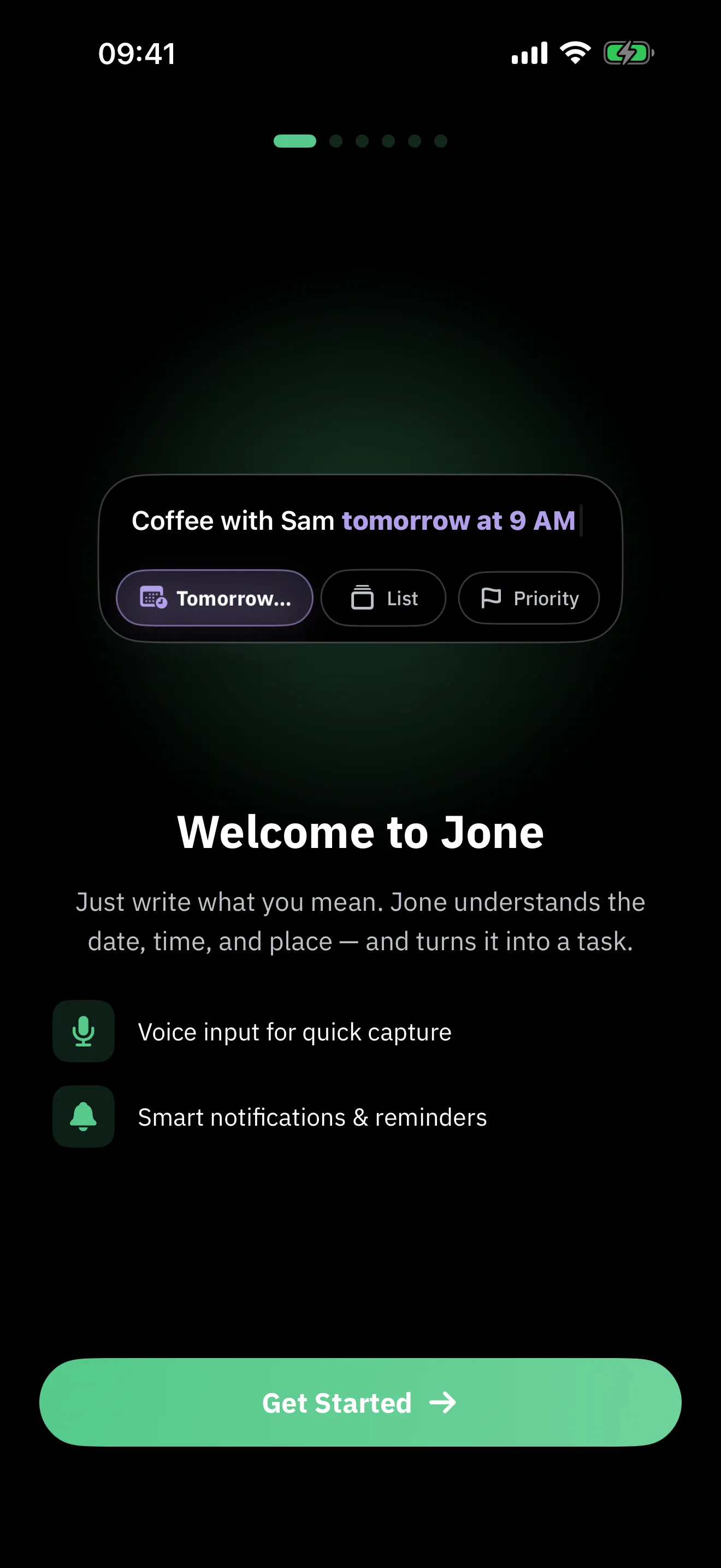 Jone parsing “Coffee with Sam tomorrow at 9 AM” into a task with date, list, and priority chips