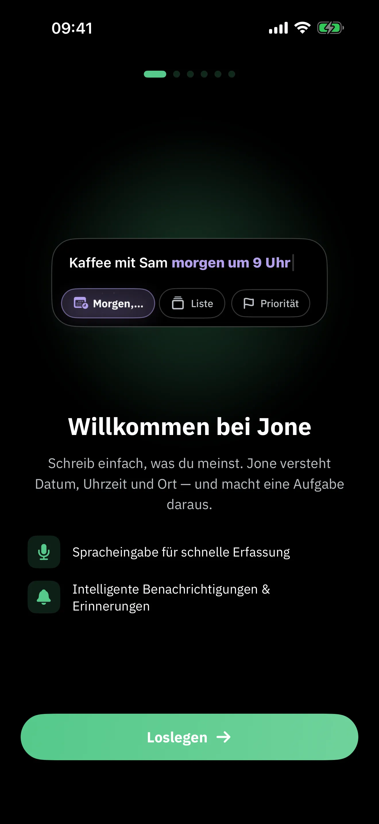 Jone zerlegt „Kaffee mit Sam morgen um 9 Uhr“ in eine Aufgabe mit Datum, Liste und Priorität