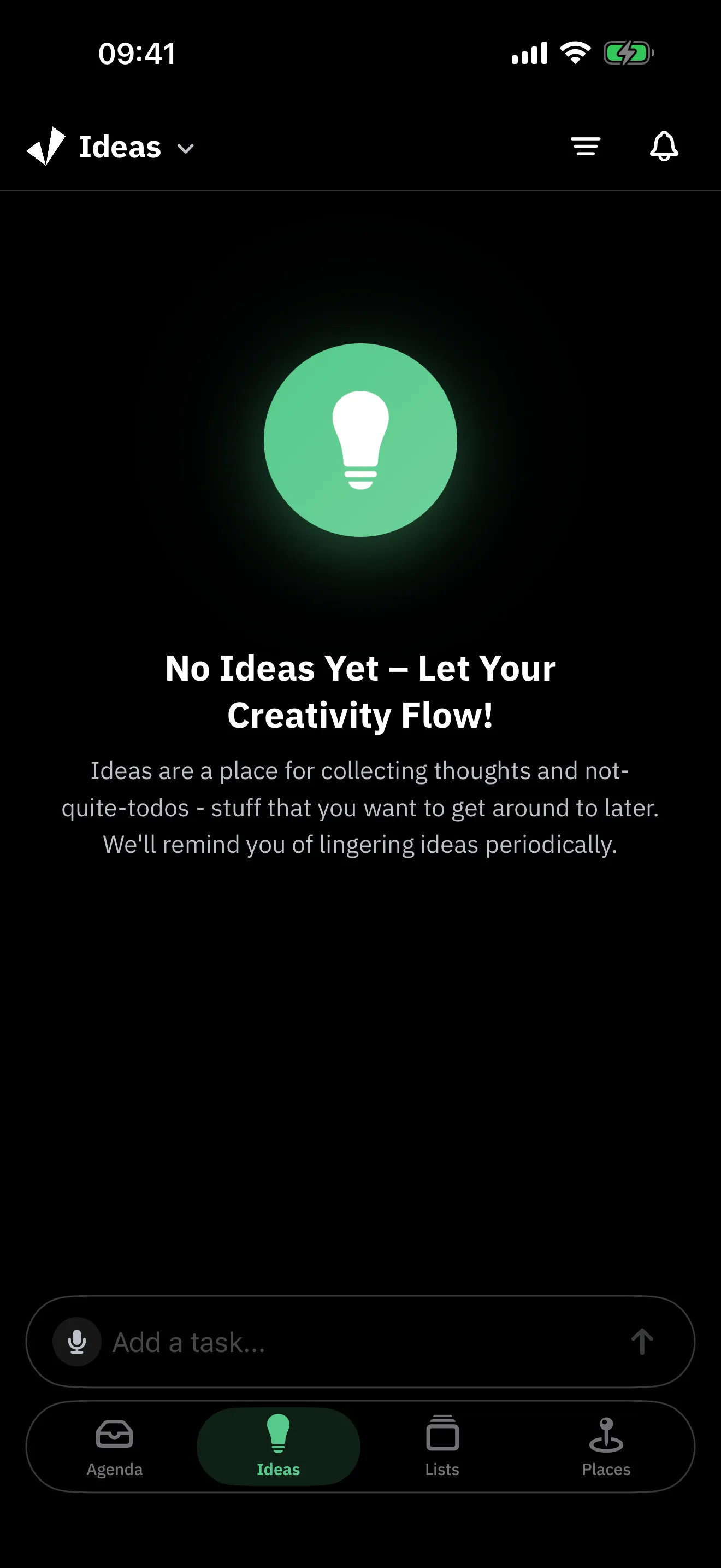Jone ideas tab explaining that ideas collect thoughts and not-quite-todos