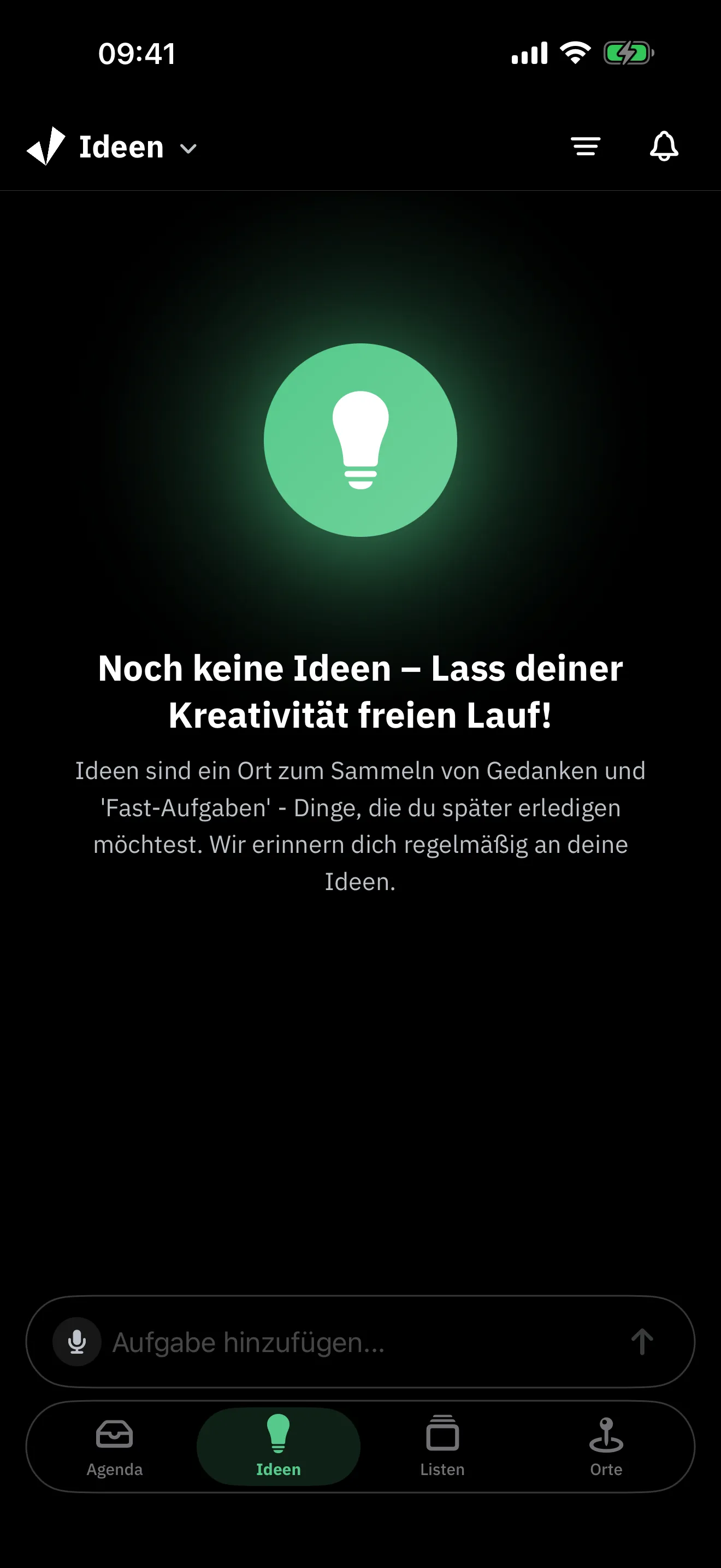 Jone-Ideen-Tab mit Hinweis, dass Ideen Gedanken und Fast-Aufgaben sammeln
