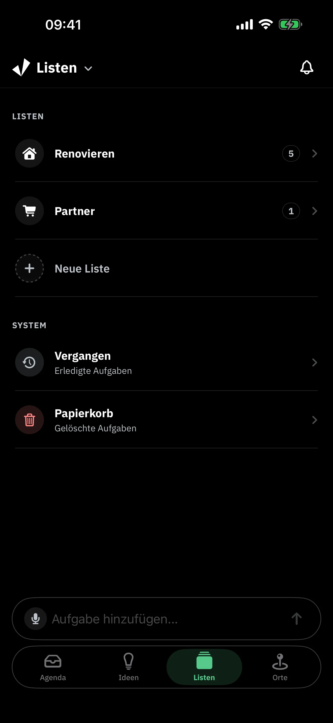 Jone-Listen-Screen mit eigenen Listen und den Systemeinträgen Vergangen und Papierkorb
