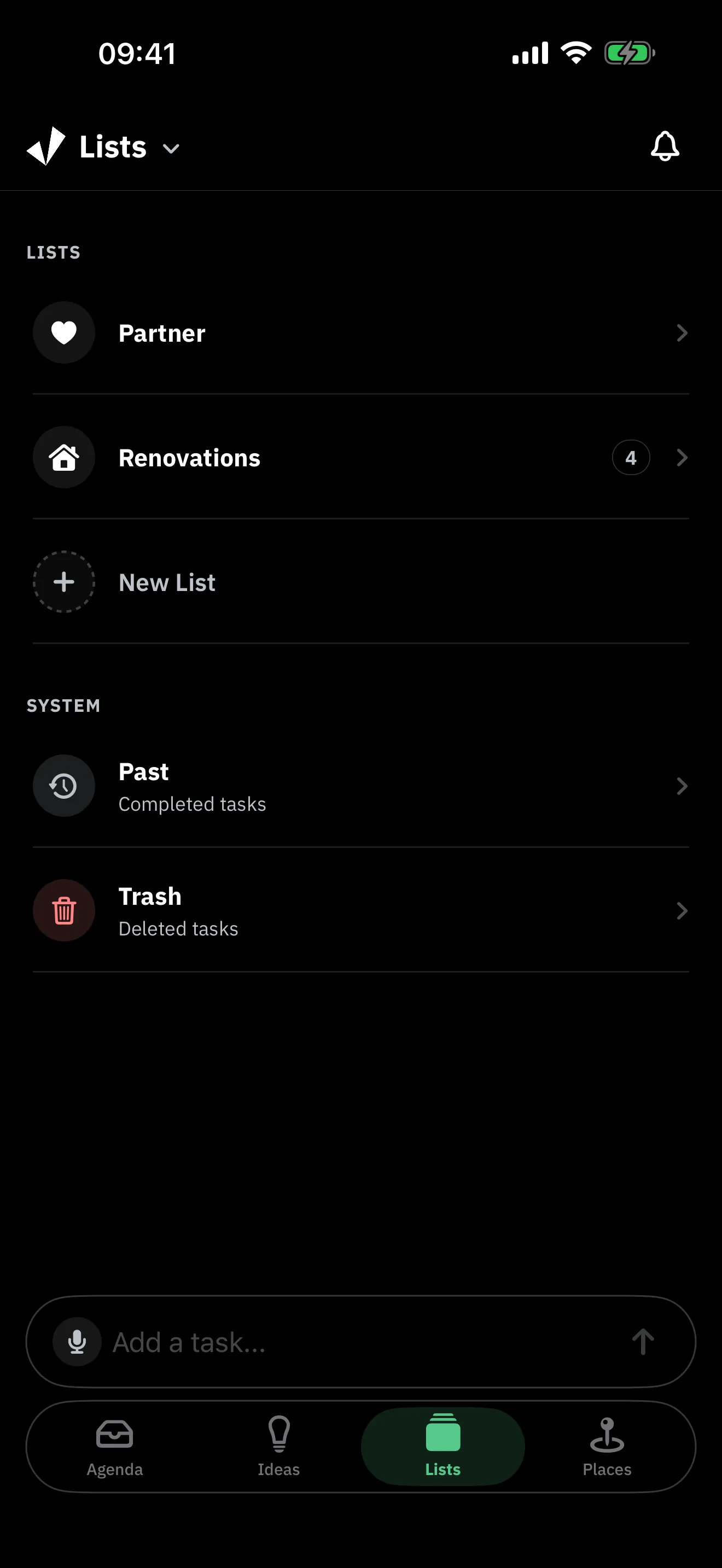 Jone lists screen with custom lists and the system entries Past and Trash
